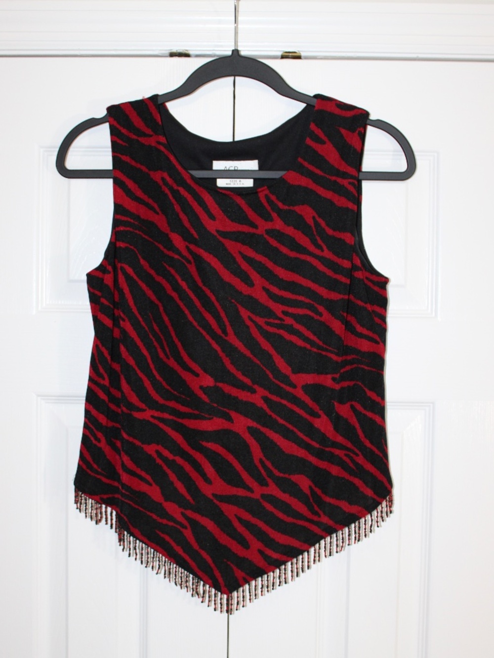 Vintage AGB Red Zebra Print Beaded Fringe Top Size 8